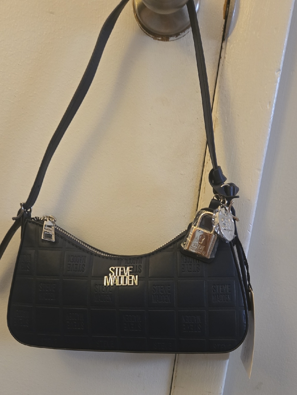Steve Madden Black Quilted Logo Shoulder Bag with Charm.